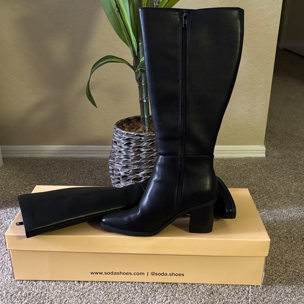 Soda Black Knee-High Faux Leather Block Heel Boots